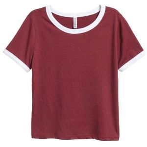 Maroon short t-shirt with white trim